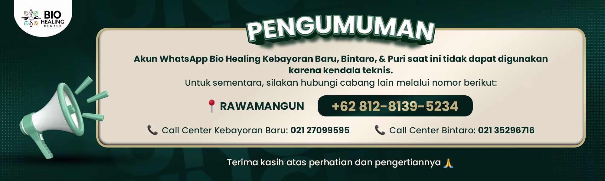PENGUMUMAN WA KB, BINTARO & PURI DOWN WEB